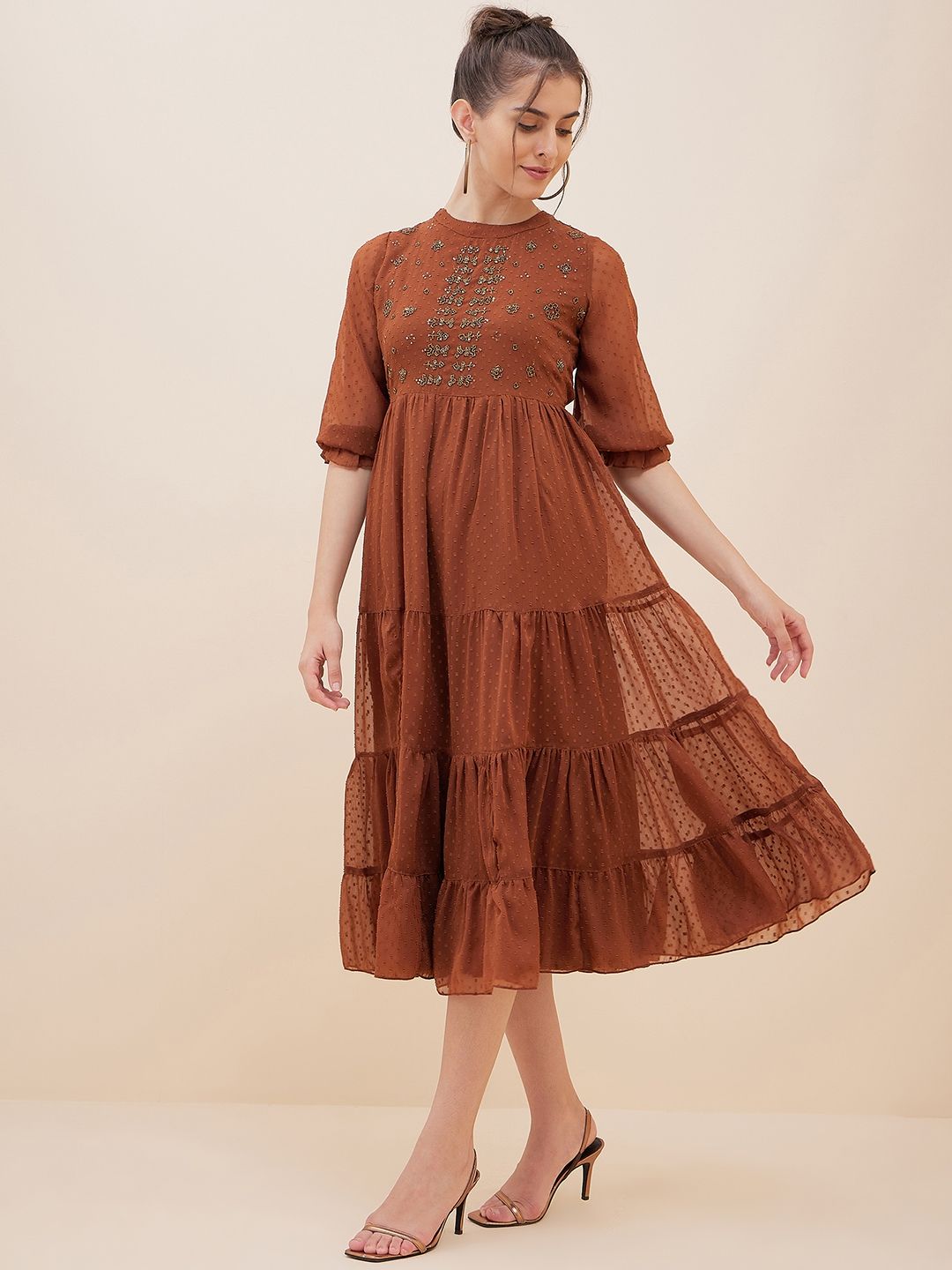 Antheaa Brown Dobby Woven Embellished Maxi Tiered Dress