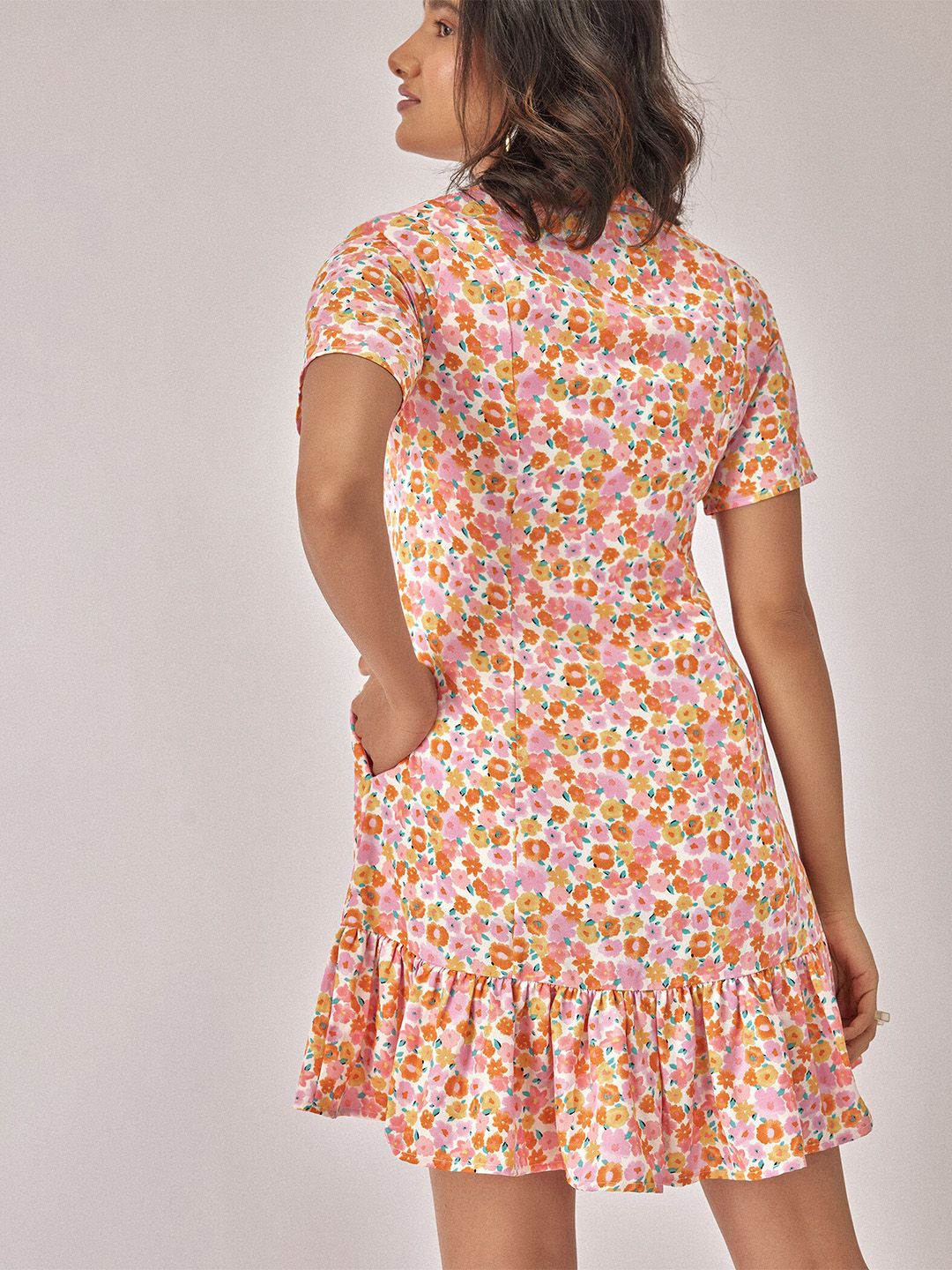 The Label Life Floral Printed Cuban Collar Gathered Drop-Waist Dress