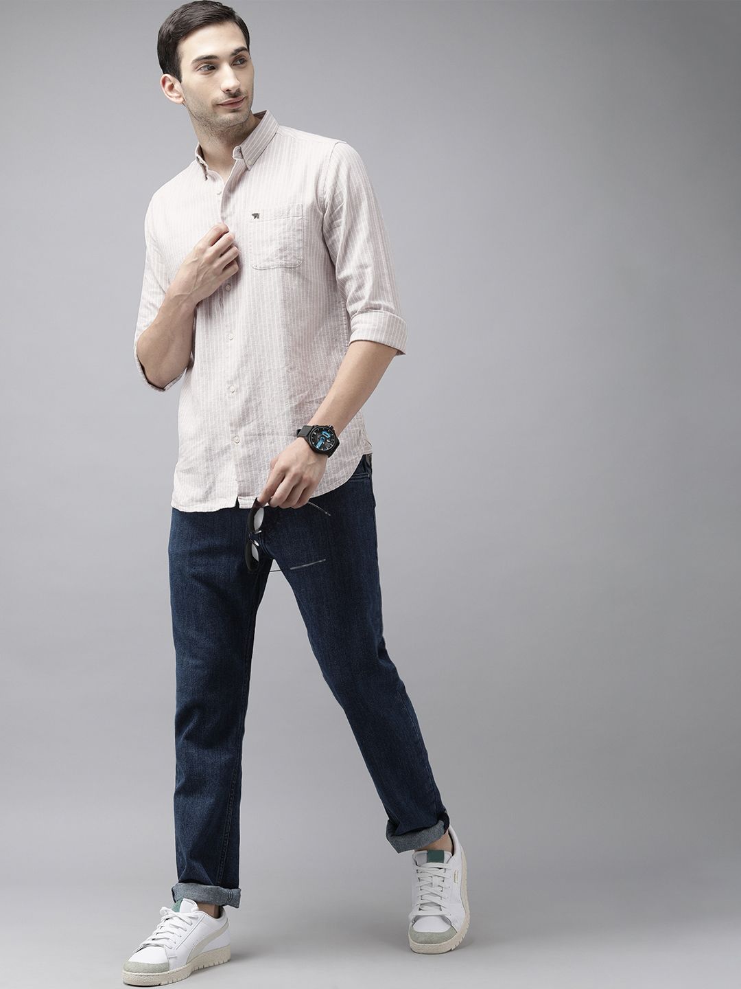 THE BEAR HOUSE Men Slim Fit Striped Cotton-Linen Casual Shirt