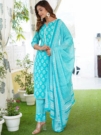 Kalini Floral Printed Lace Detail Kurta Kapas Murni Dengan Seluar & Dupatta