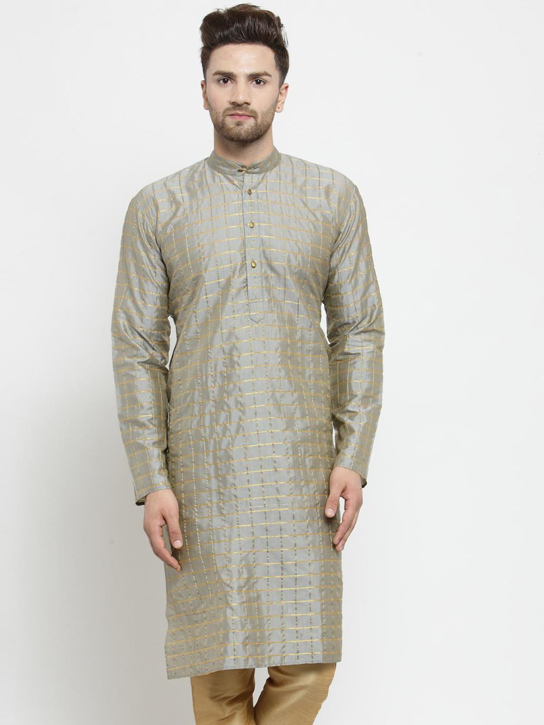 SOJANYA Men Grey & Gold-Toned Checked Straight Kurta