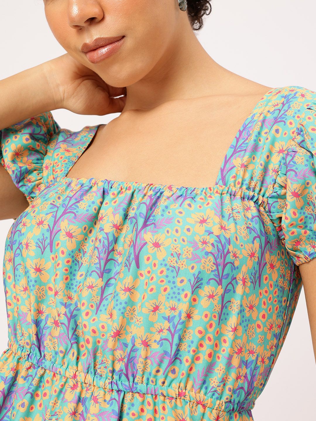 DressBerry Floral Frenzy Square Neck Puff Sleeves Fit & Flare Dress