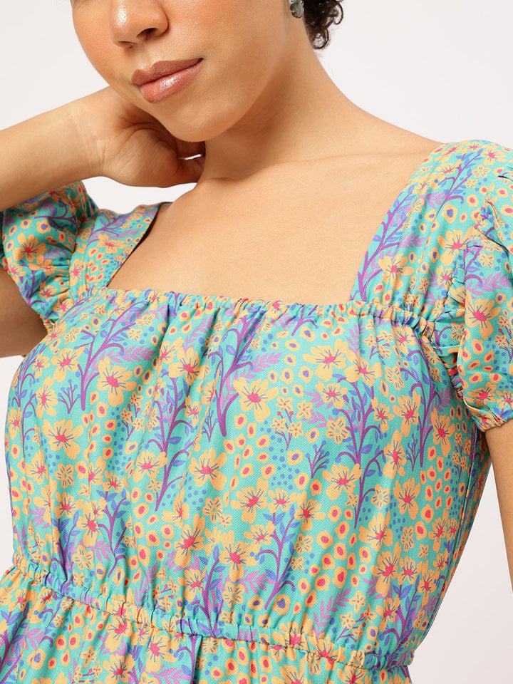 DressBerry Floral Frenzy Square Neck Puff Sleeves Fit & Flare Dress