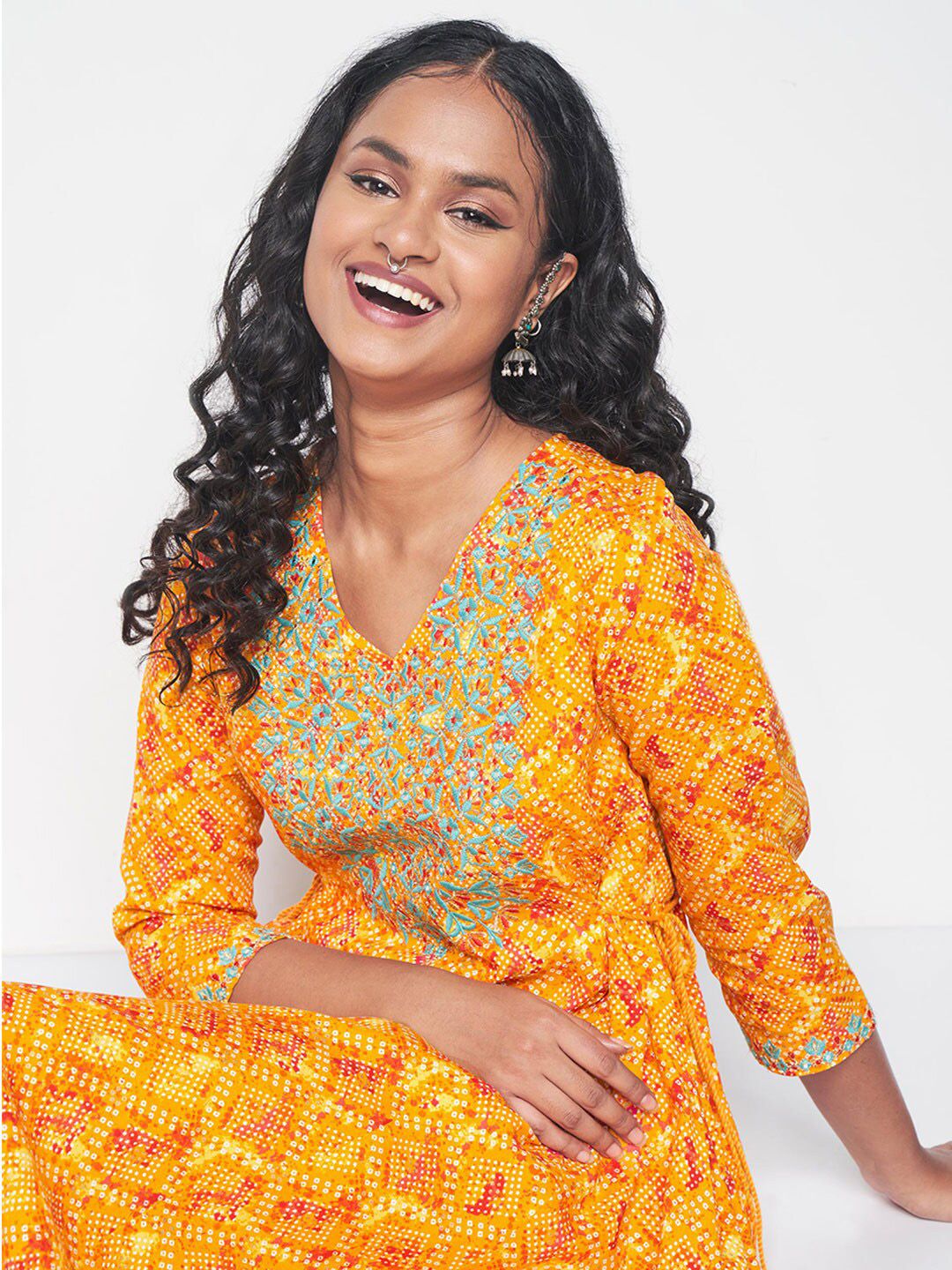 Global Desi Bandhani Printed Thread Work Anarkali Kurta