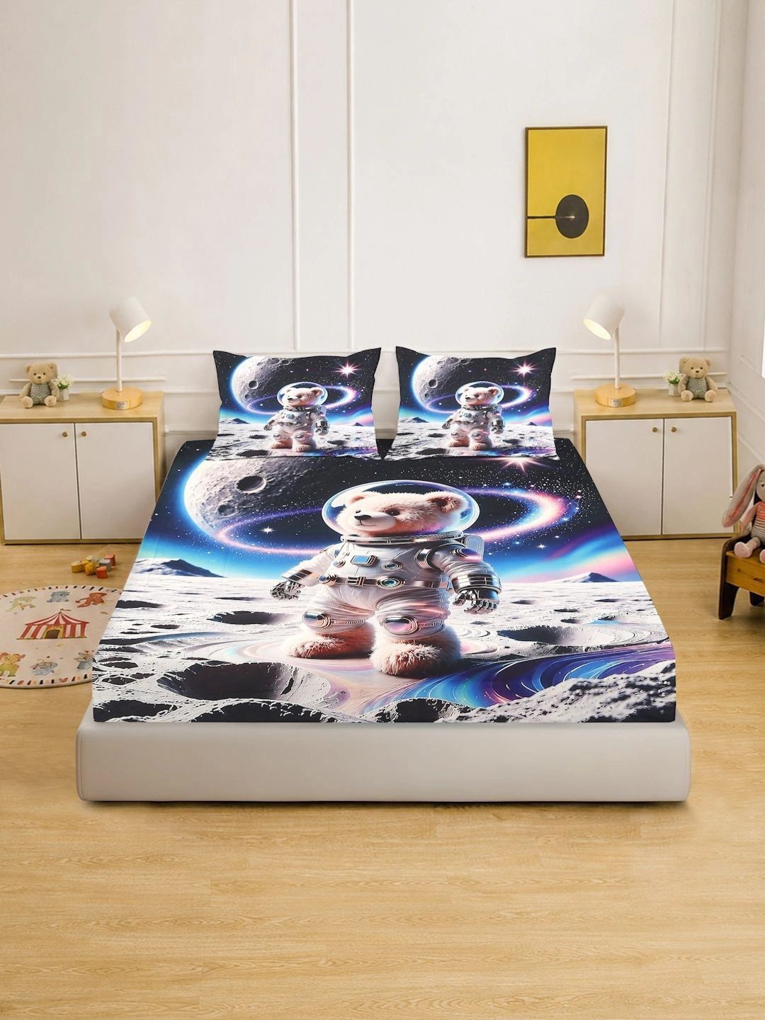 KLOTTHE Blue & Black Cartoon Characters 400 TC King Bedsheet with 2 Pillow Covers