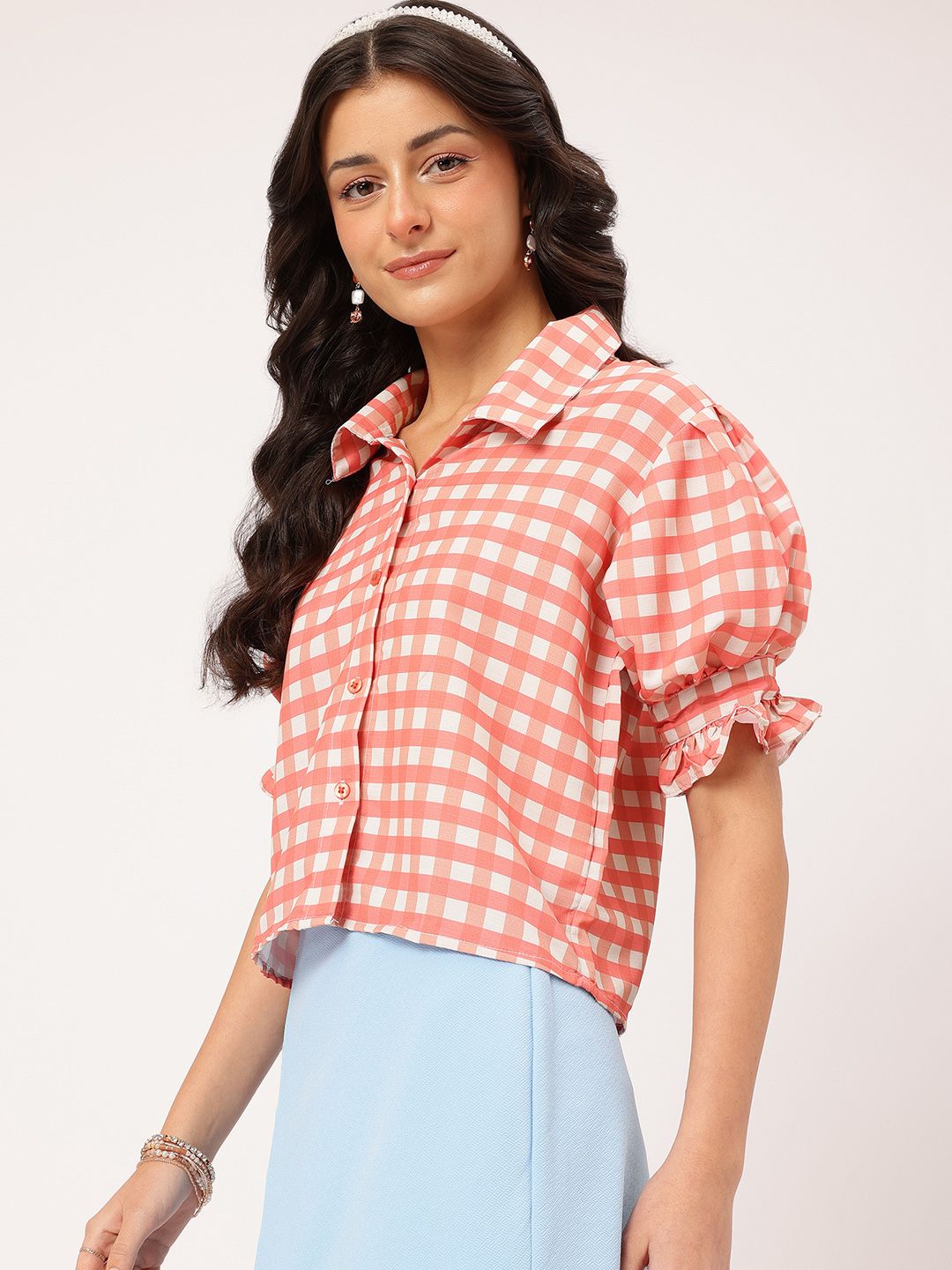 DressBerry Pastel Paradise Checked Puff Sleeves Shirt