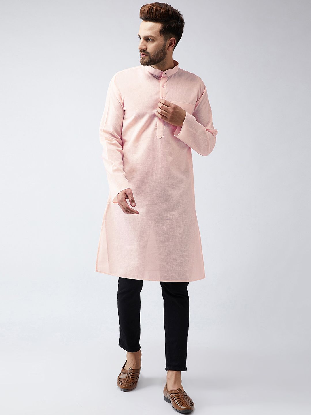 SOJANYA Men Peach-Coloured Woven Design Straight Kurta