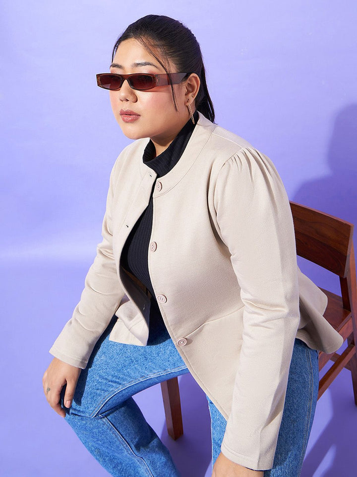 SASSAFRAS Curve Plus Size Grey Mandarin Collar Tailored Jacket