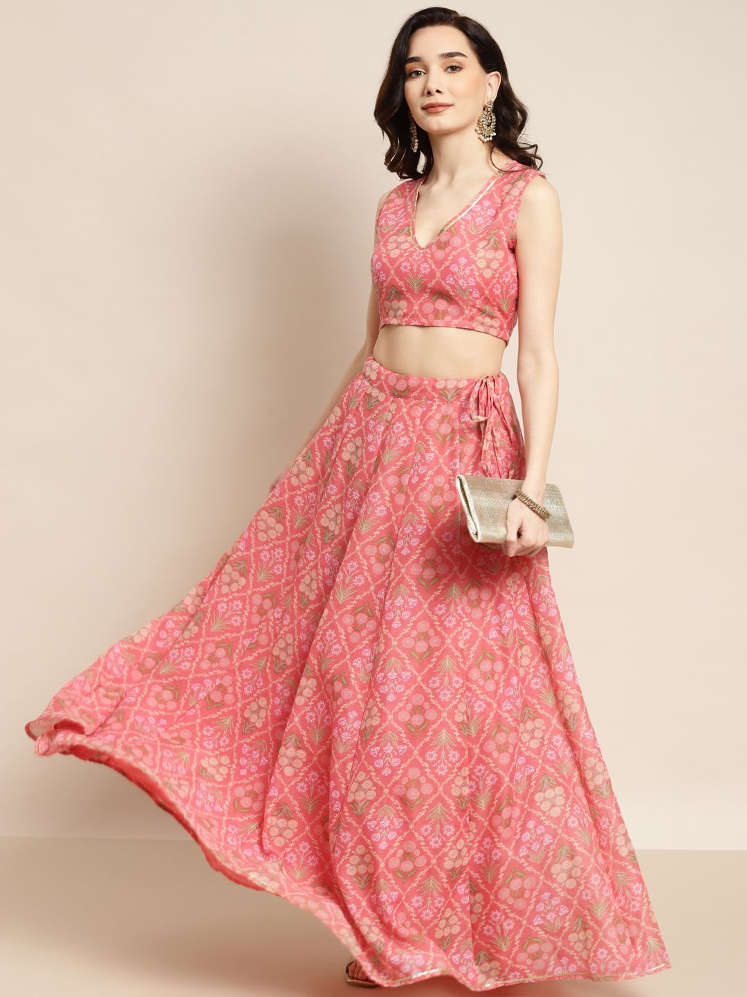 Shae by SASSAFRAS Peach-Coloured & Olive Green Printed Fusion Lehenga Choli