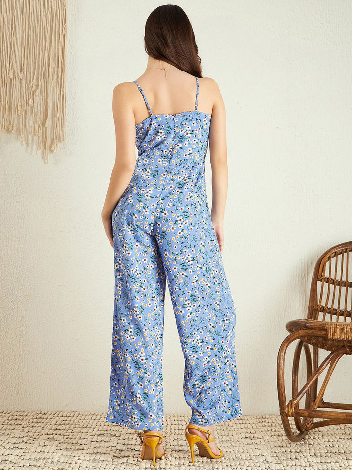 Berrylush Blue Floral Printed Shoulder Straps Jumpsuit