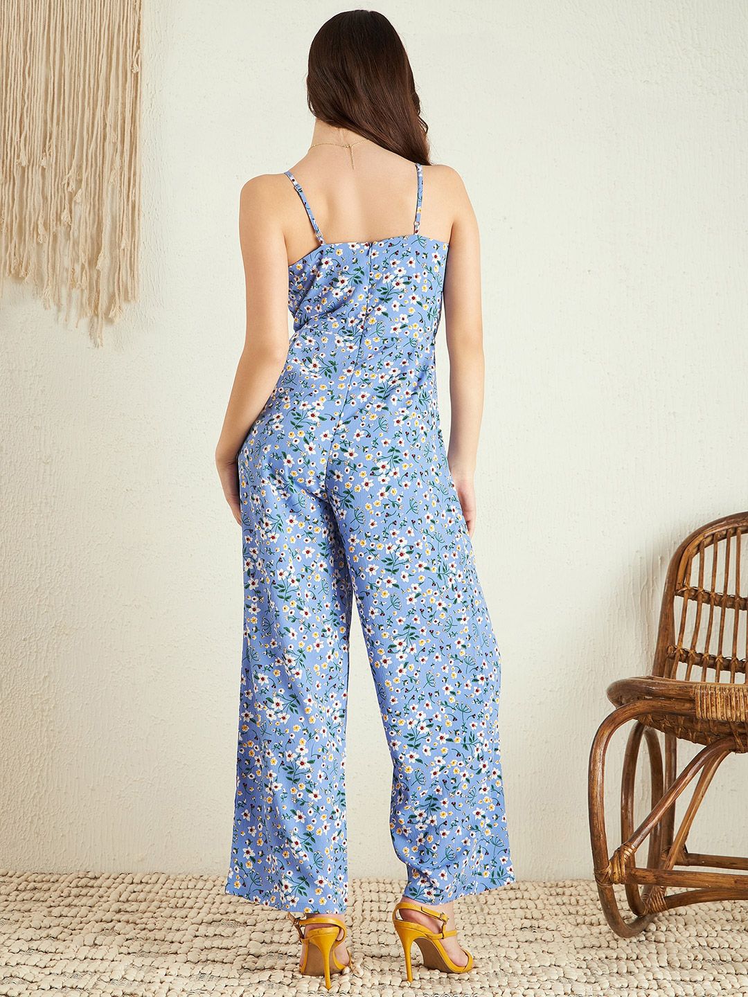 Berrylush Blue Floral Printed Shoulder Straps Jumpsuit