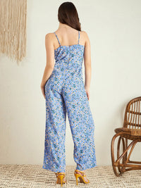 Berrylush Blue Floral Printed Shoulder Straps Jumpsuit