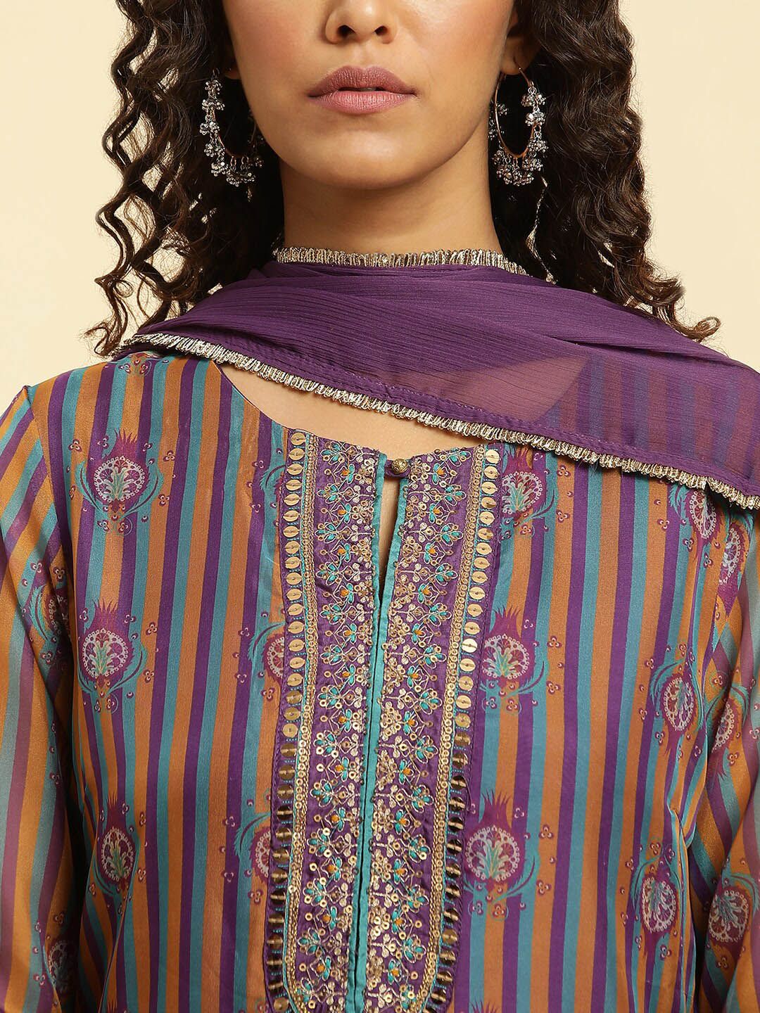 W Striped Sequined Kurta With Dupatta