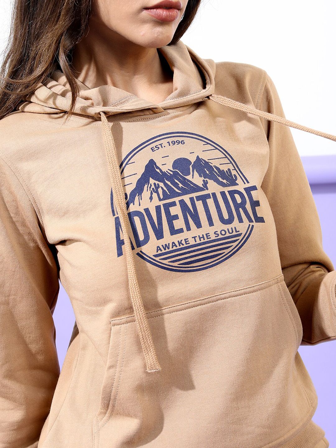Tokyo Talkies Women Khaki Printed Hooded Sweatshirt