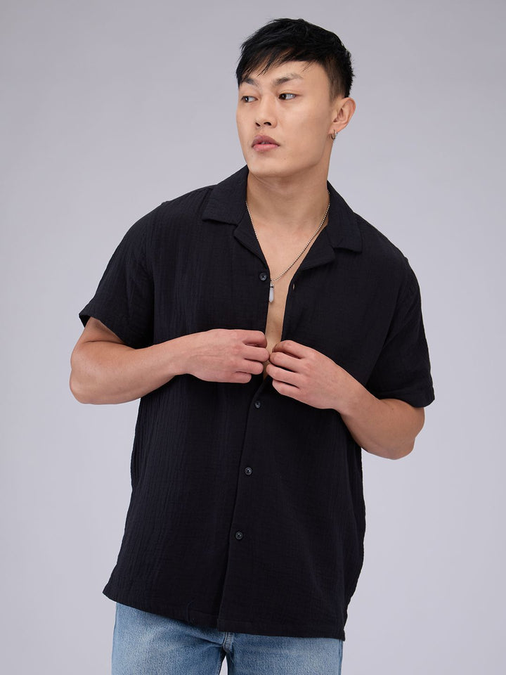 VASTRADO Men Classic Cuban Collar Textured Cotton Relaxed Fit Casual Shirt