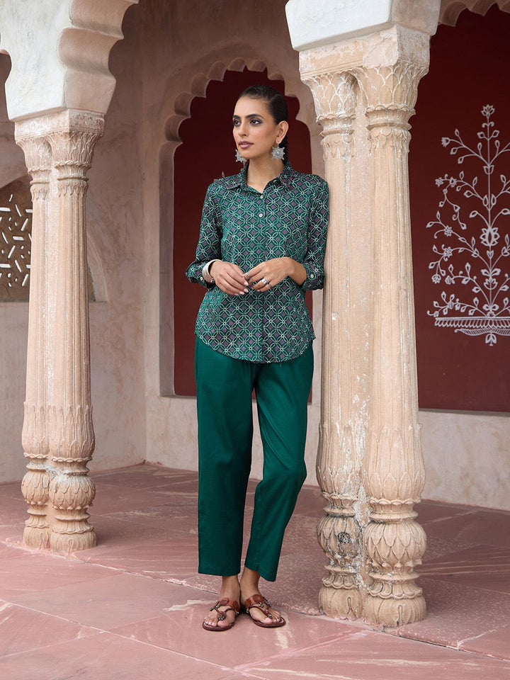 House of Chikankari Women Dark Green Cotton Hand Block Set Co-Ord