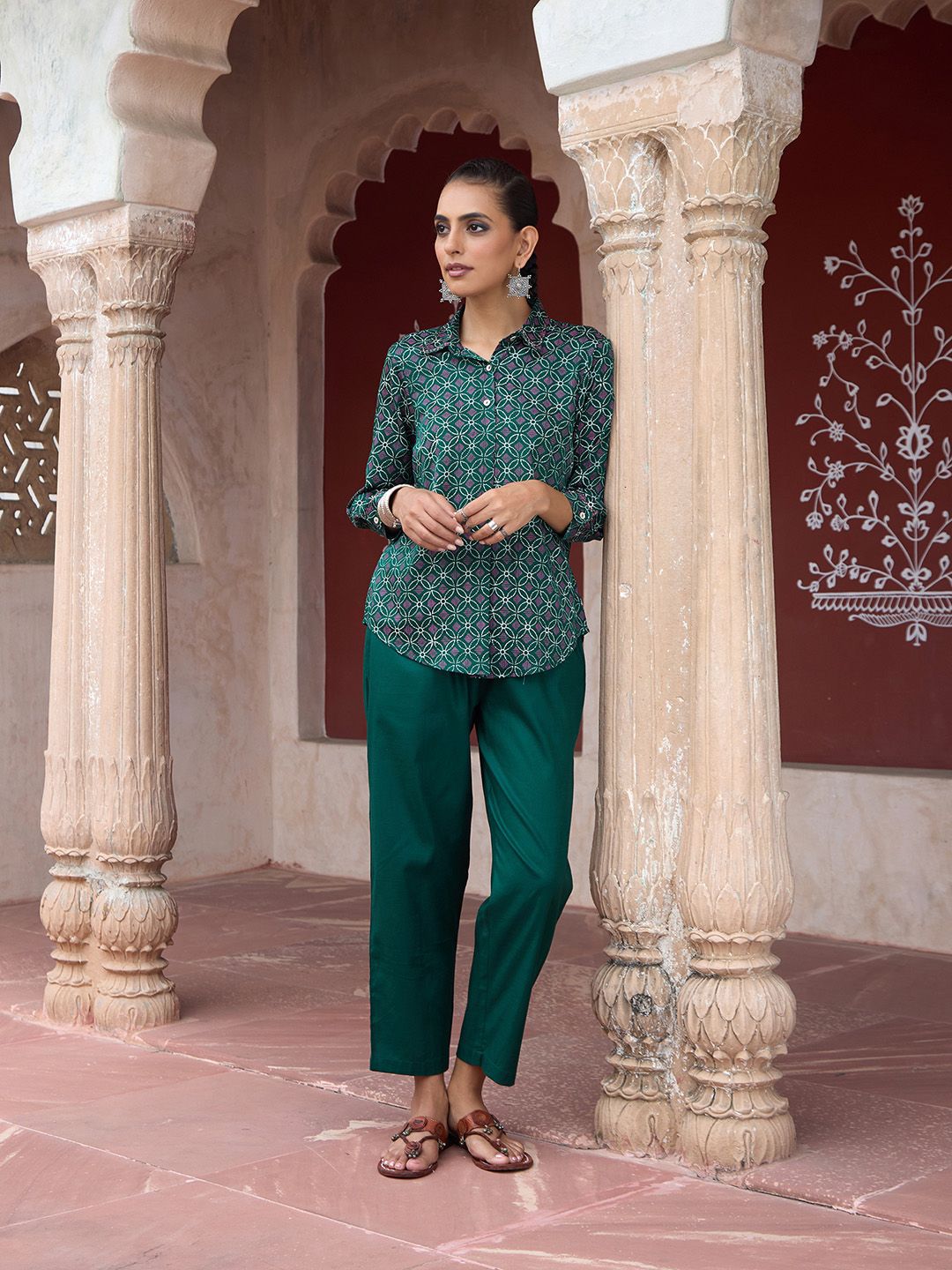House of Chikankari Women Dark Green Cotton Hand Block Set Co-Ord