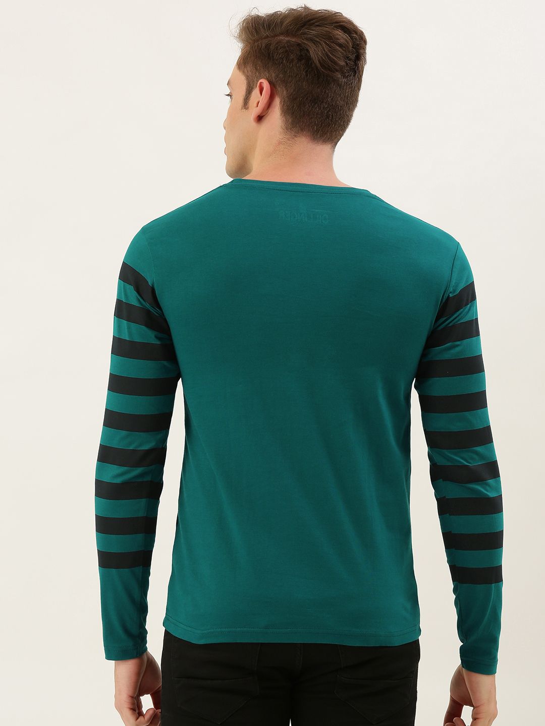 DILLINGER Men Teal Green  Black Striped Round Neck Pure Cotton T-shirt