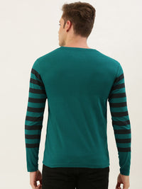 DILLINGER Men Teal Green  Black Striped Round Neck Pure Cotton T-shirt