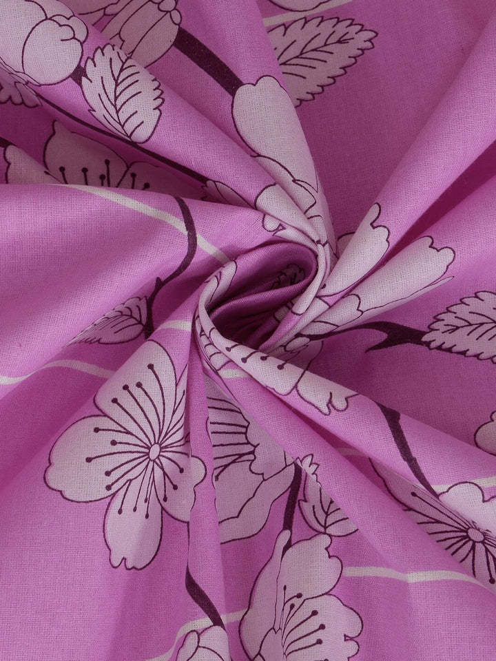 KLOTTHE Purple & White Floral Pure Cotton 400 TC Double King Bedsheet With 2 Pillow Covers