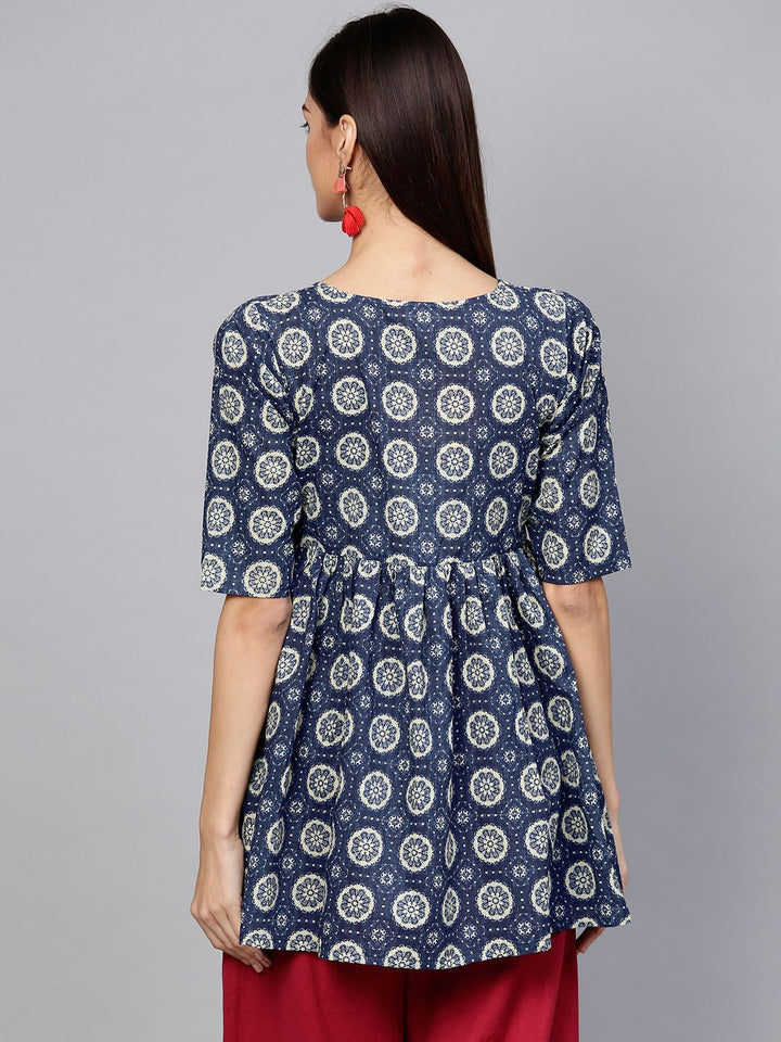 Gerua By Libas Women Navy Blue  Off-White Printed Pure Cotton A-Line Pure Cotton Kurti