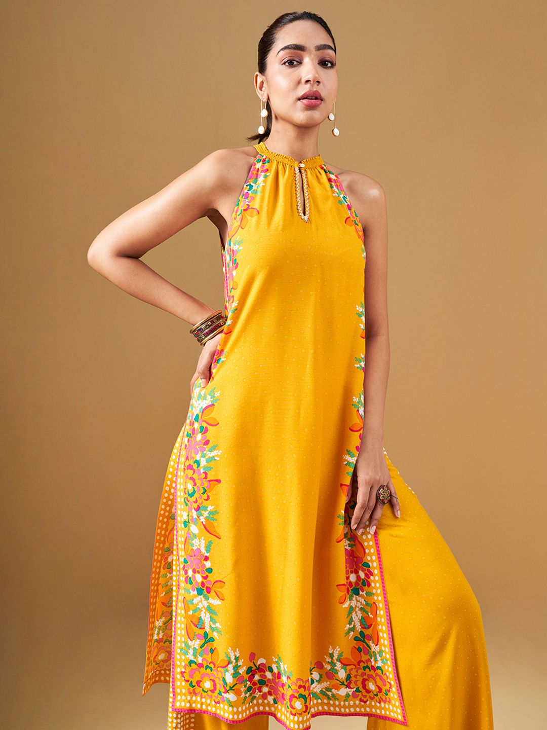 Global Desi Floral Printed Halter Neck Straight Kurta & Palazzo