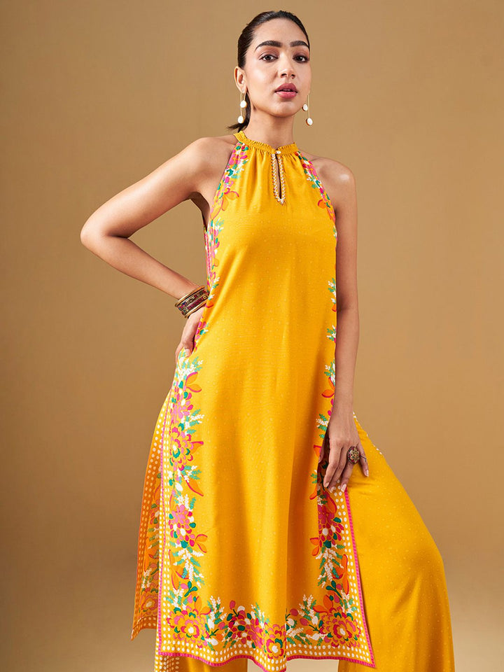 Global Desi Floral Printed Halter Neck Straight Kurta & Palazzo