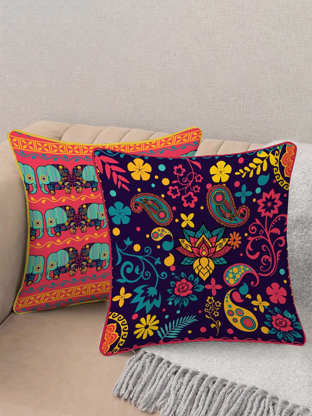 STITCHNEST Blue & Orange Set of 2 Ethnic Motifs Velvet Square Cushion Covers