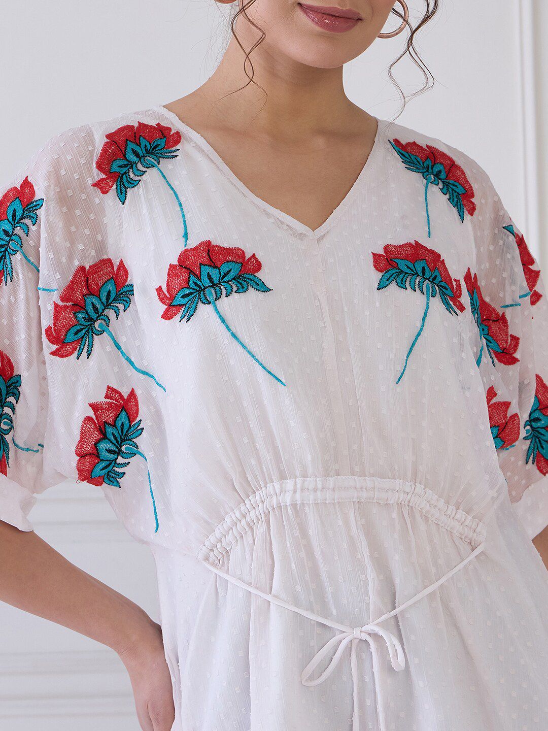 Antheaa Floral Embroidered Extended Sleeves Chiffon Kaftan Top