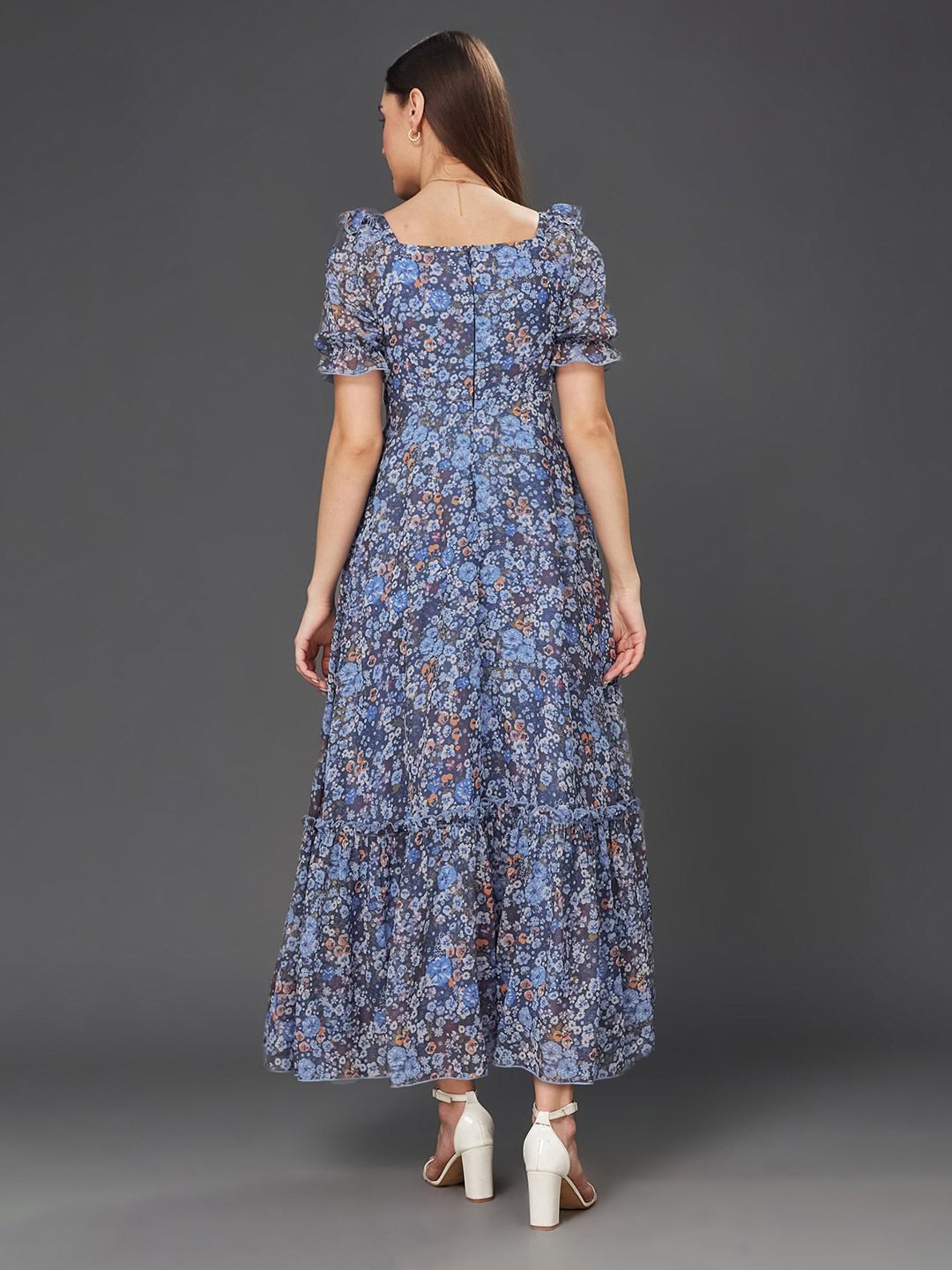 Miss Chase Floral Print Sweetheart Neck Puff Sleeve Georgette Fit & Flare Dress