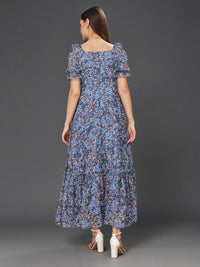 Miss Chase Floral Print Sweetheart Neck Puff Sleeve Georgette Fit & Flare Dress