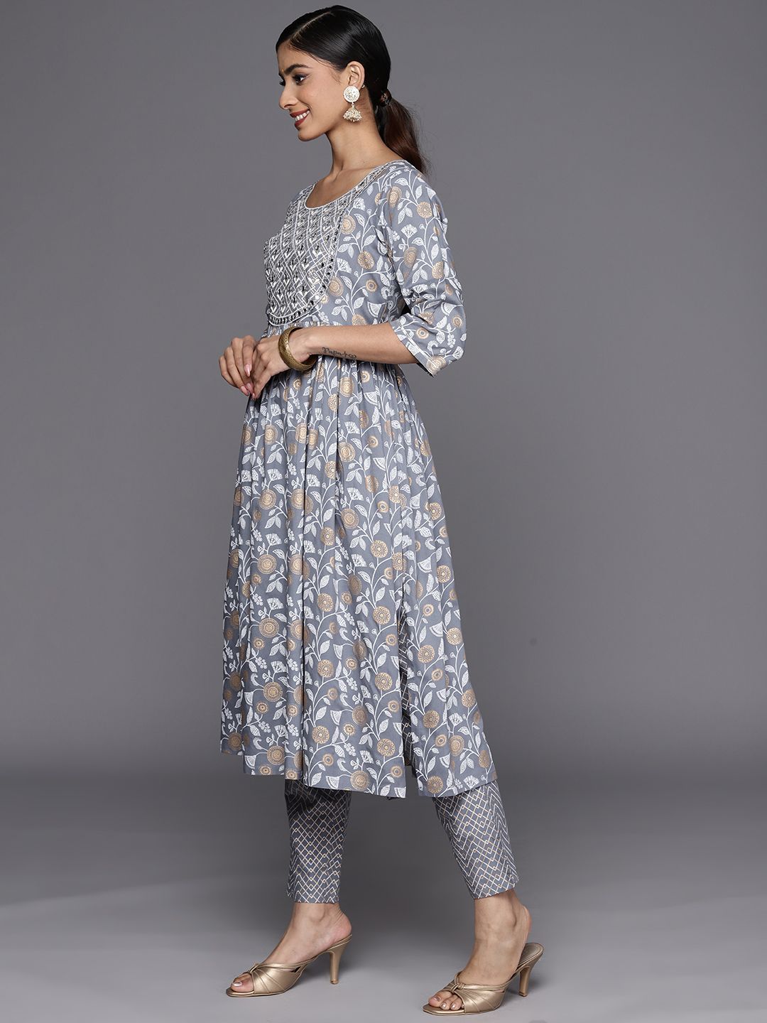 Libas Floral Yoke Design Pleated Thread Work Kurta with Trousers & With Dupatta