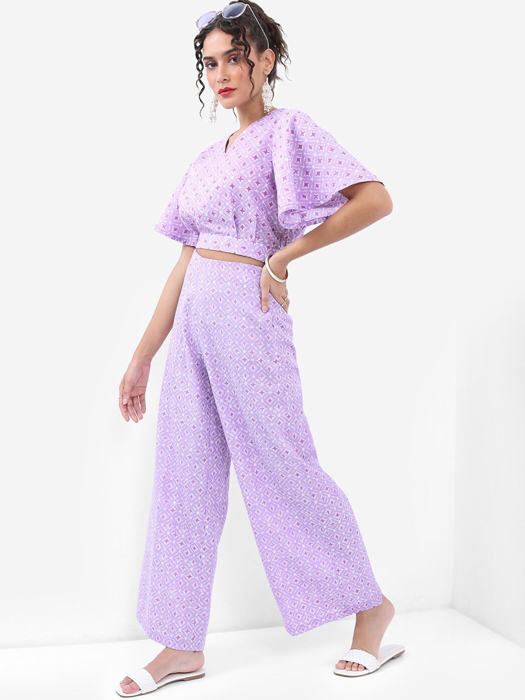 Vishudh Lavender Printed Crop Top & Palazzos Co-Ords