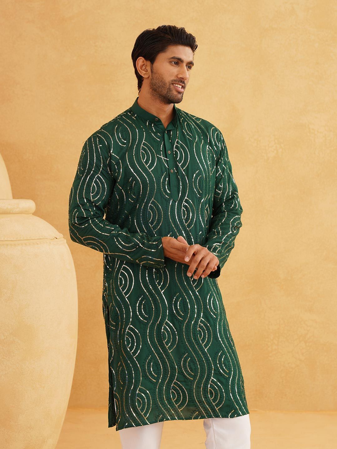 SOJANYA Mandarin Collar Sequined Pure Cotton Kurta
