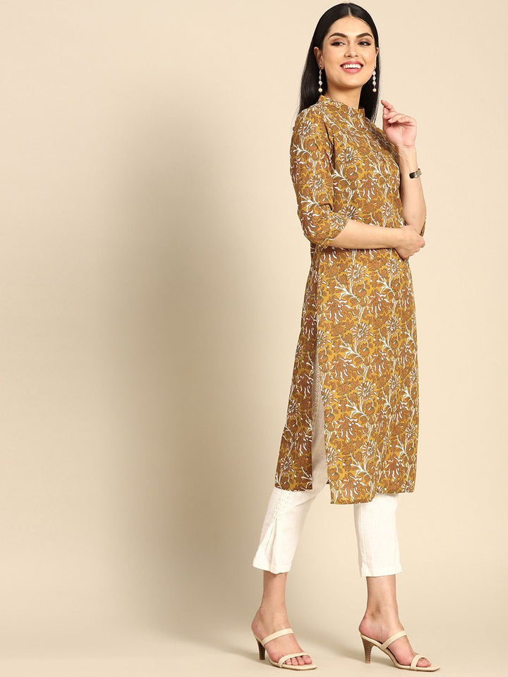 Anouk Women Olive Green & Mustard Yellow Pure Cotton Ethnic Motifs Printed Kurta