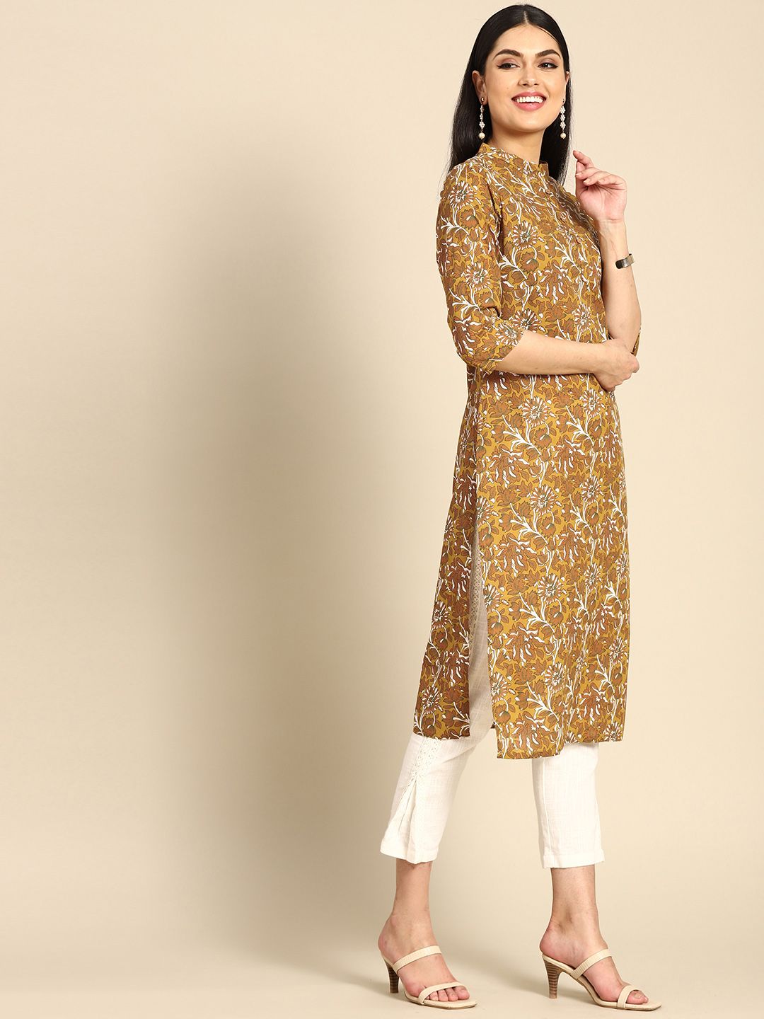 Anouk Women Olive Green & Mustard Yellow Pure Cotton Ethnic Motifs Printed Kurta