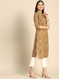Anouk Women Olive Green & Mustard Yellow Pure Cotton Ethnic Motifs Printed Kurta