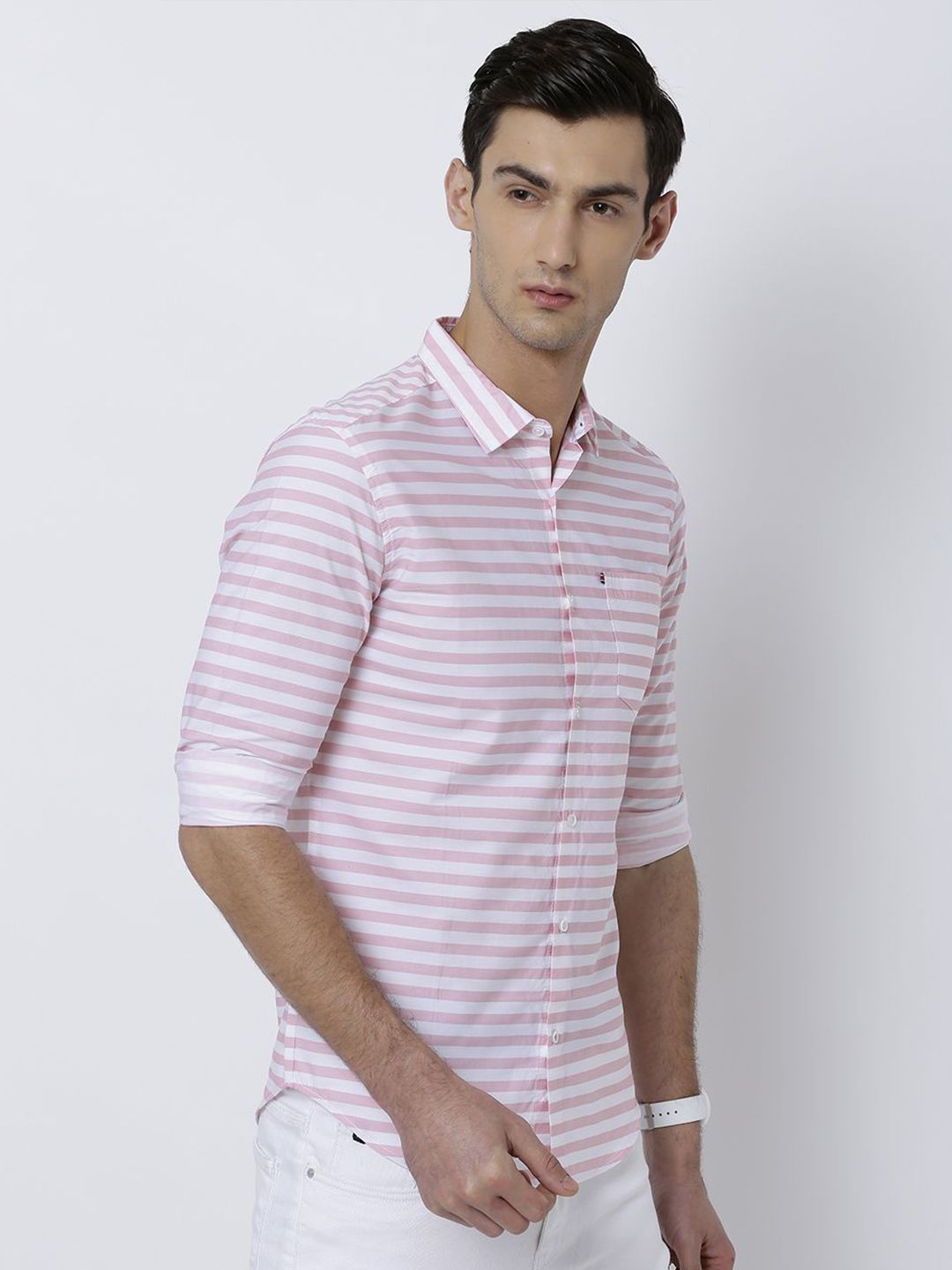 HIGHLANDER Men Coral Slim Fit Striped Shirt