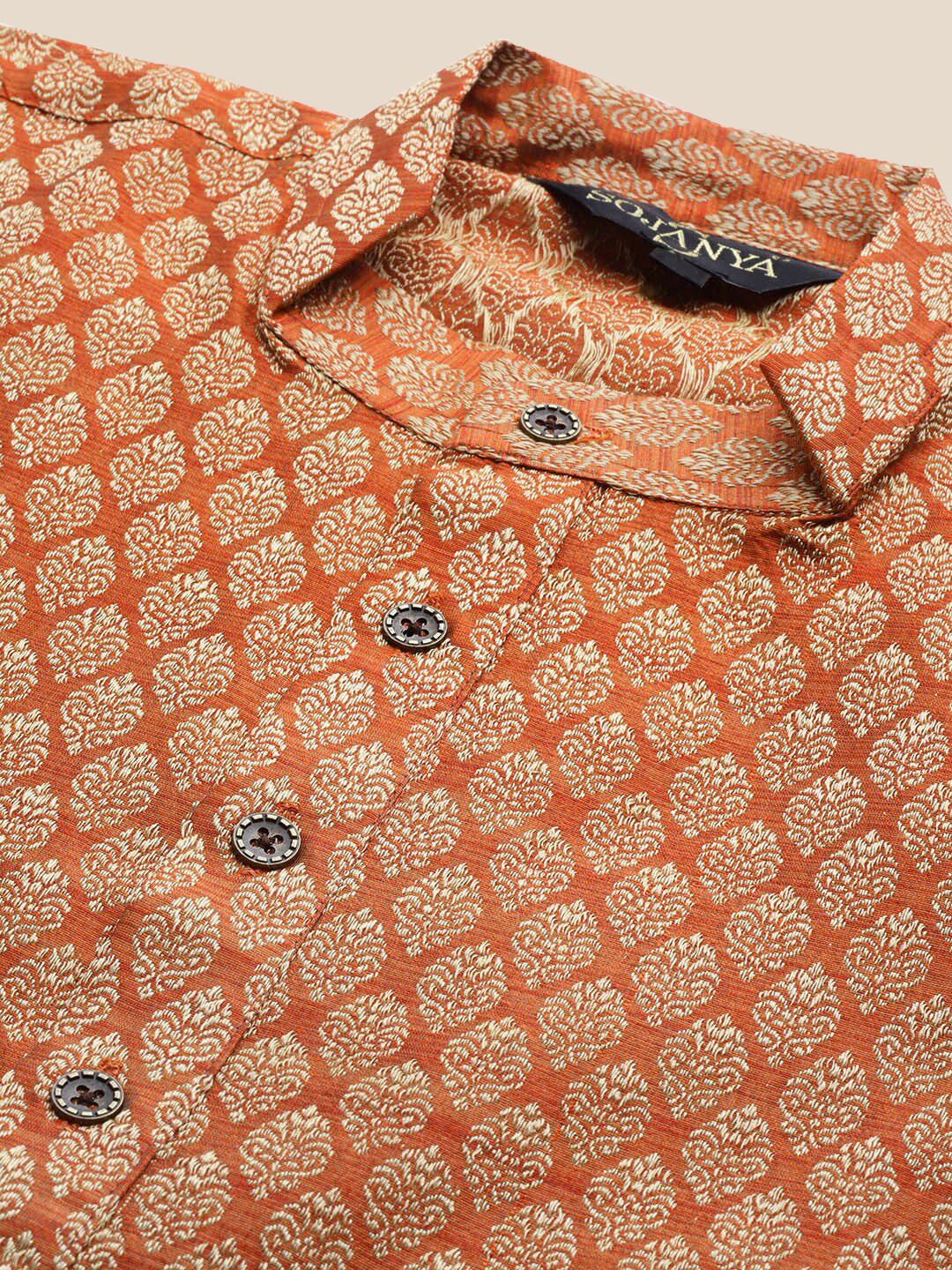 SOJANYA Woven Design Mandarin Collar Silk Cotton Kurta
