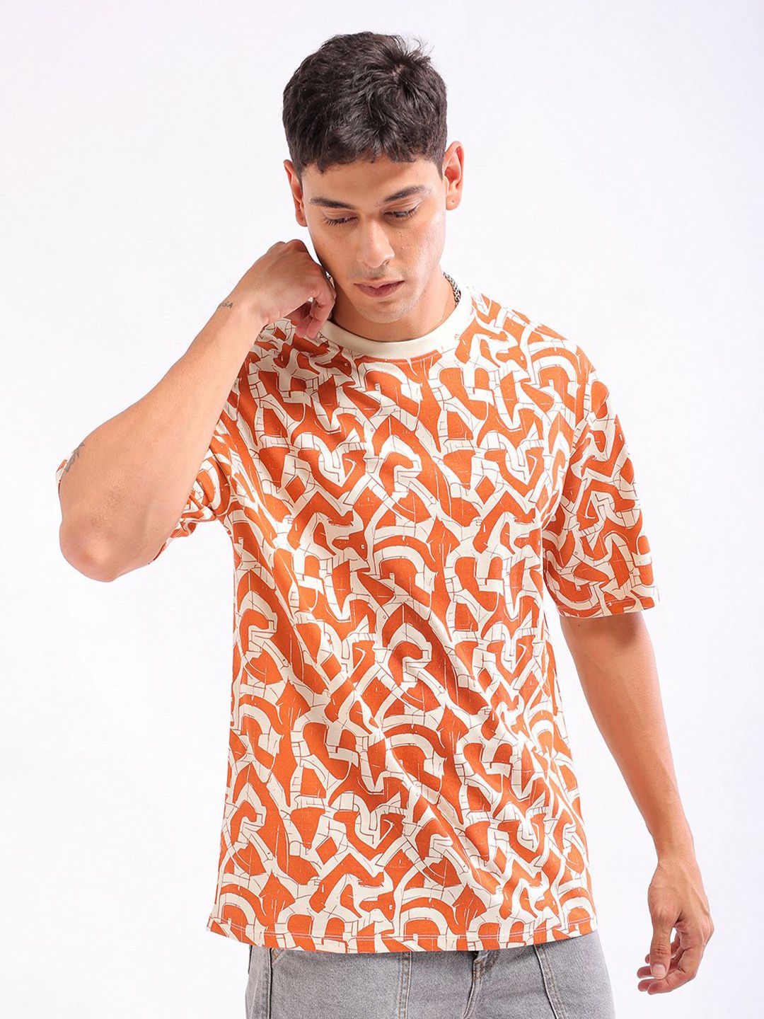 The Indian Garage Co Men All Over Printed Boxy Oversized Round Neck T-shirt