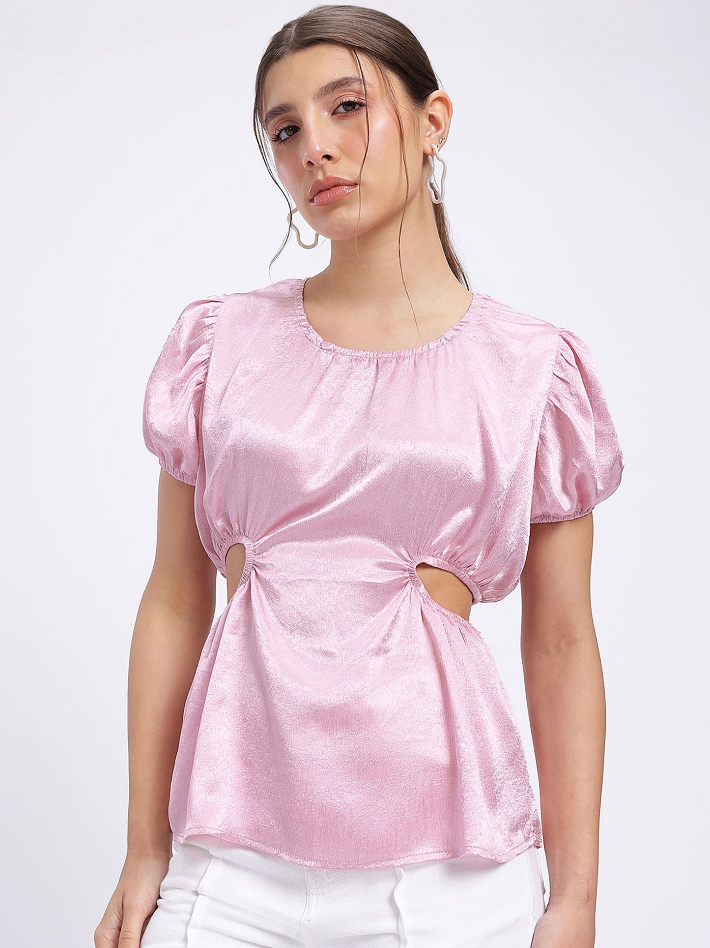 DressBerry Satin Sophistication Cut-Out Detail Puff Sleeves Top