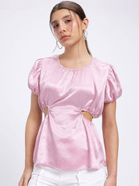 DressBerry Satin Sophistication Cut-Out Detail Puff Sleeves Top