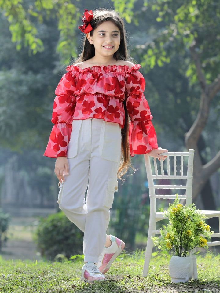 Cutiekins Girls Floral Printed Off-Shoulder Top with Trouser