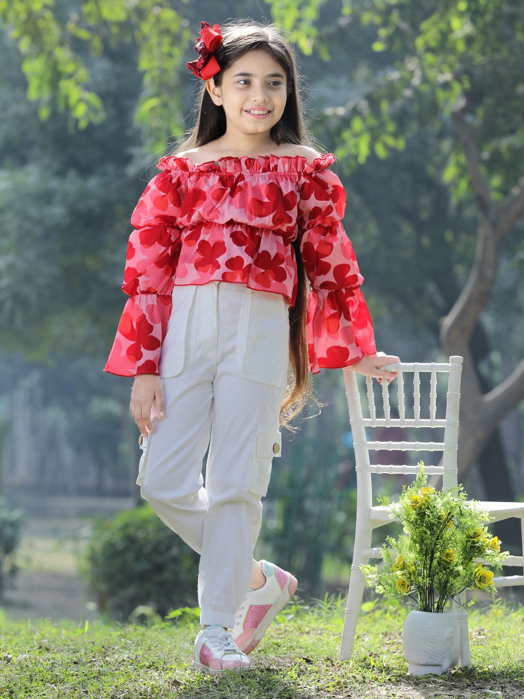 Cutiekins Girls Floral Printed Off-Shoulder Top with Trouser
