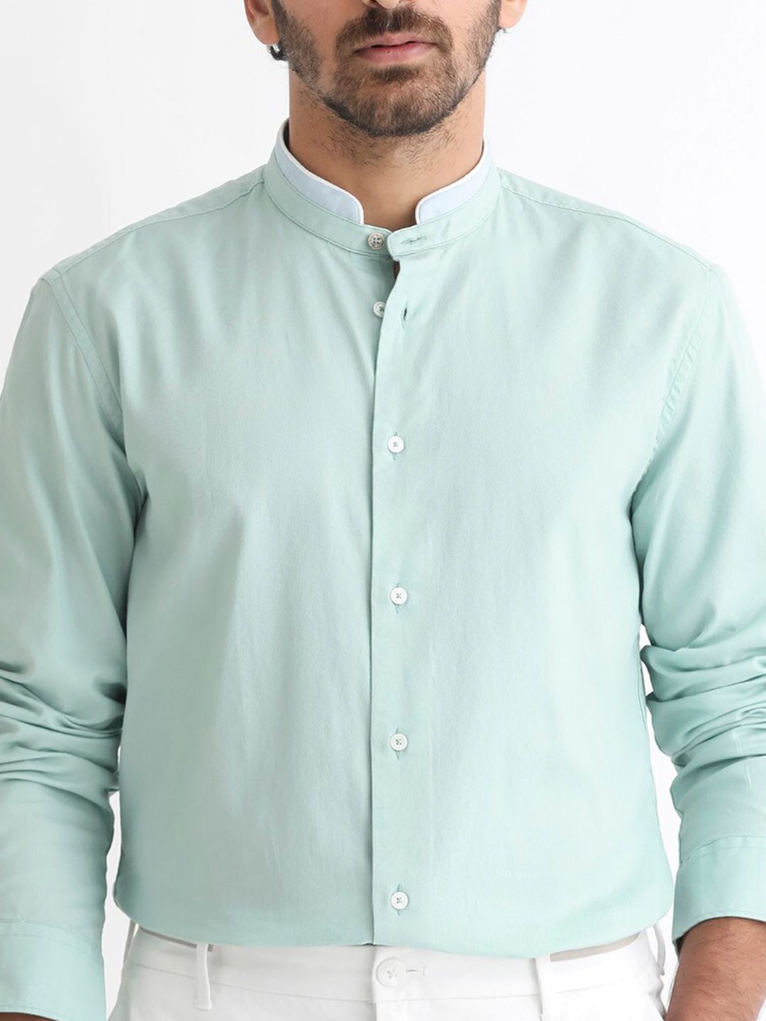 RARE RABBIT Men Tehran Slim Fit Band Collar Cotton Shirt