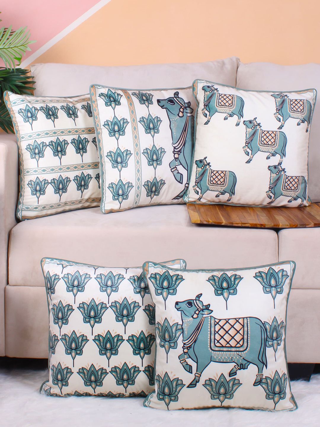 STITCHNEST Green & White 5 Pieces Ethnic Motifs Printed Velvet Square Cushion Covers