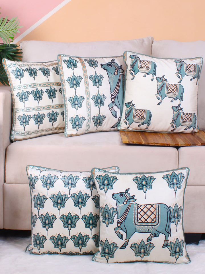 STITCHNEST Green & White 5 Pieces Ethnic Motifs Printed Velvet Square Cushion Covers