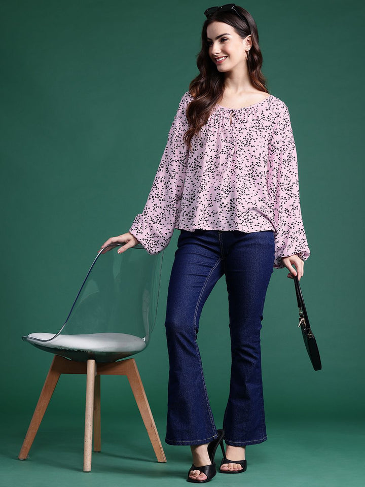 DressBerry Printed Tie-Up Neck Puff Sleeve Top