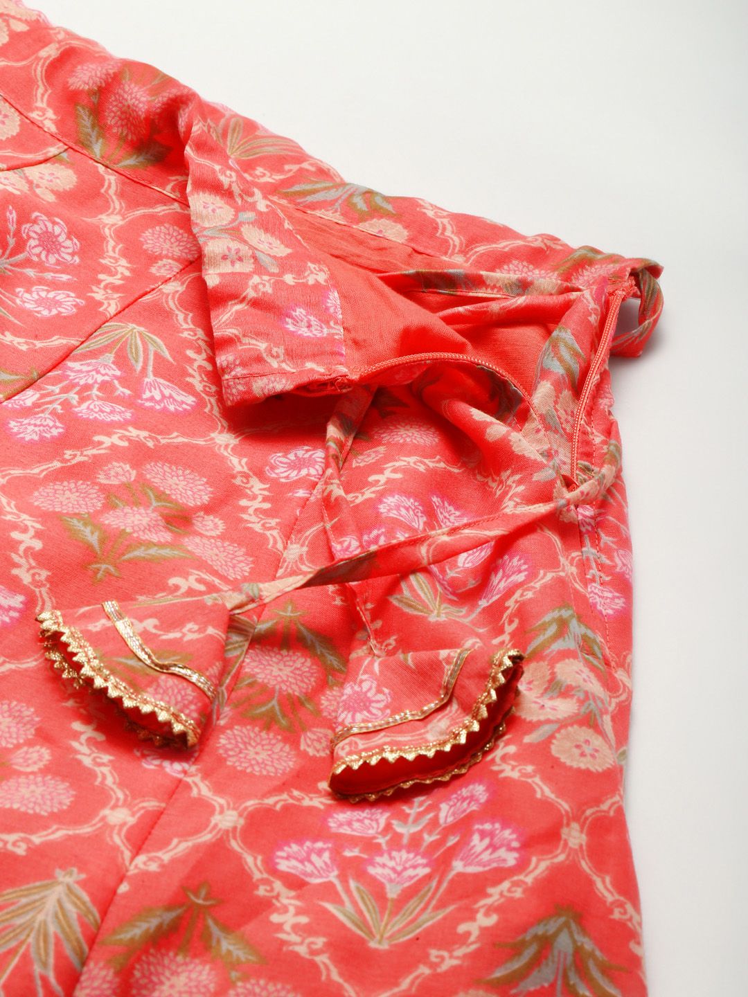 Shae by SASSAFRAS Peach-Coloured & Olive Green Printed Fusion Lehenga Choli