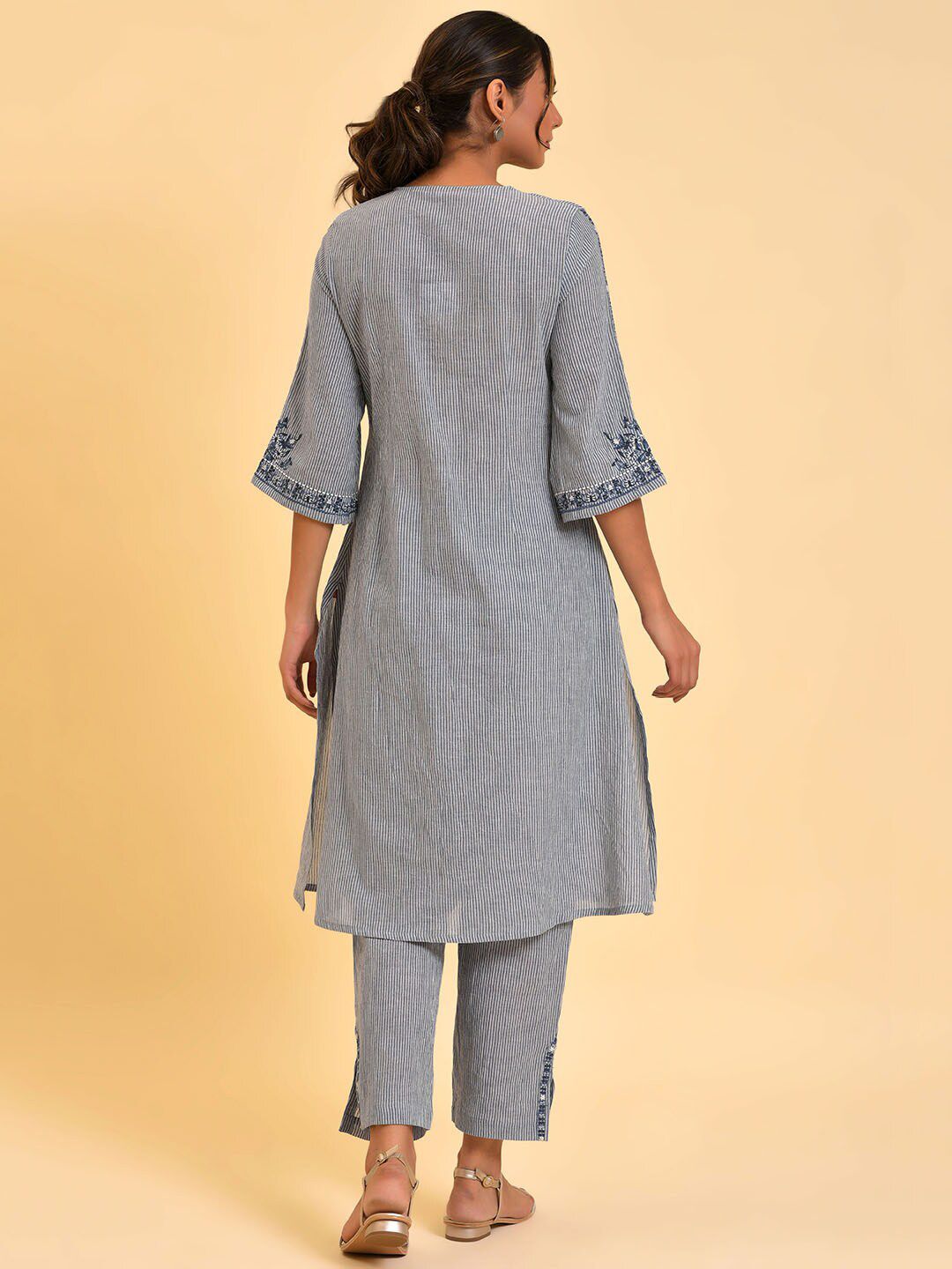 W Blue & White Striped Thread Work A-Line Pure Cotton Kurta with Trousers